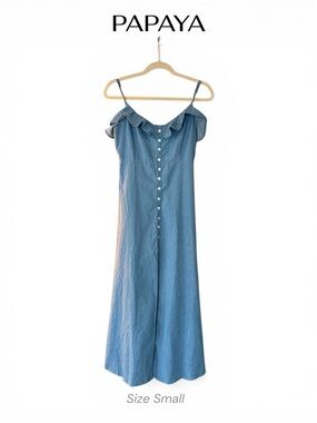 Papaya Ruffled Light Blue Denim Chambray Style Maxi Dress